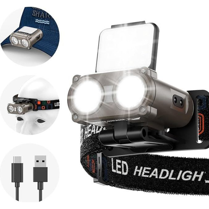 Smiling Shark LED Headlamp, Clip On Cap Lightweight Mini Head Torch 5 Types of White Light & Red Light Super Bright Dimmable Rechargeable Waterproof Camping Running Fishing Jogging LED Headlamp Clip