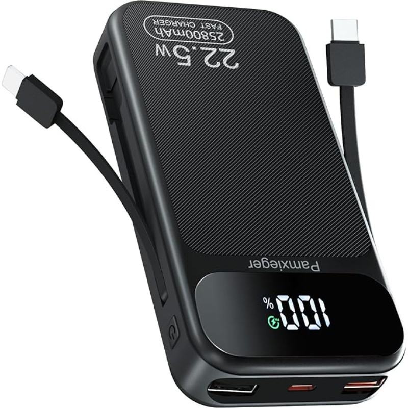25 800 mAh, 22,5 W PD3.0 QC4.0 išorinė mobiliojo telefono baterija Greitas įkrovimas LCD ekranas Maitinimo bankas su USB-C kabeliu USB C išvestys ir įvestys Nešiojamas įkroviklis išmaniesiems telefonams, planšetiniams kompiuteriams ir kt.