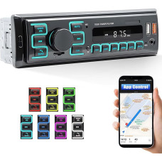 CAMECHO 1Din Car Radio Bluetooth 5.1, Car Stereo with Bluetooth Hands-Free Kit, 7 Colours, 1 Din FM Radio with Voice Assistant USB AUX/TF + App Locate and Find the Car