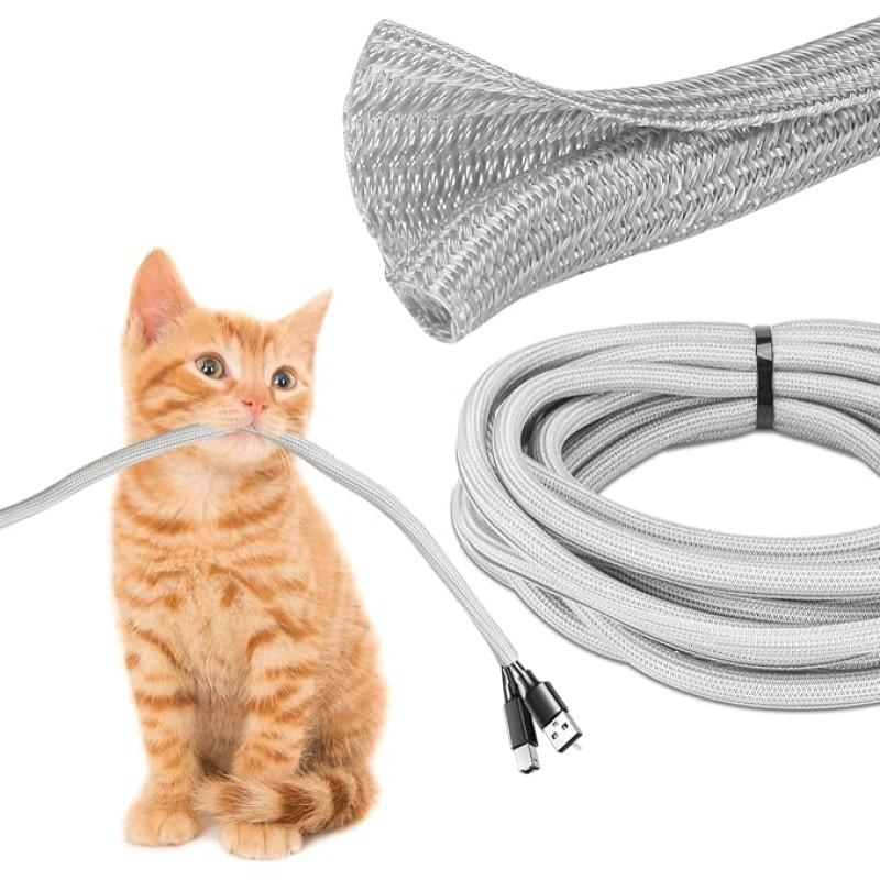 JOTO 4.5 m Cable Tube Self-Closing Cable Duct Cut to Size Cable Protection Woven Cable Sheath Cable Organiser, Bite Resistant for Cat Dog, Cable Management for Computer, TV, Office, Desk - Grey