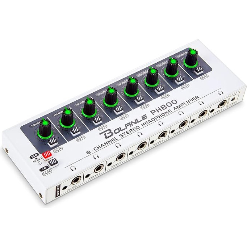 Bolanle PH800 8-Channel Headphone Amp - 16 Output Ports, Jacks 3.5 mm & 6.35 mm, Compact Mono/Stereo Switch, Breathing 7 Colour Light