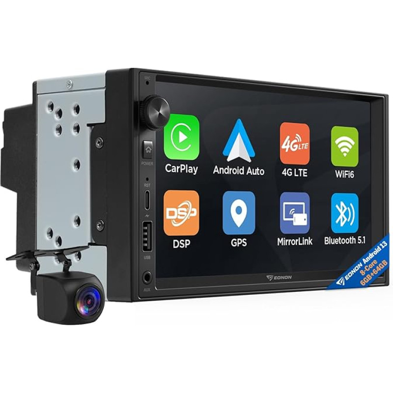 Eonon 7 Inch Android 13 Double DIN Car Radio 6+64GB 4G LTE GPS CarPlay Android Car Screen Mirroring Split Screen Quick Charge Bluetooth WiFi SWC Volume Control Head Unit with Reversing Camera UX6S