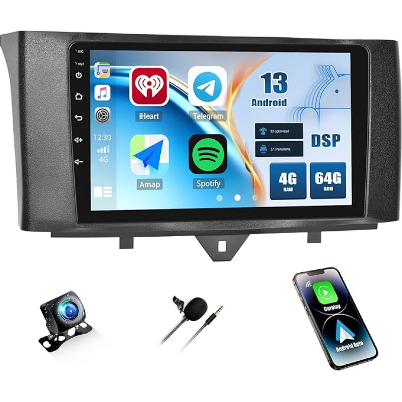 CAMECHO 4+64G 9 Inch DSP Car Radio for Mercedes-Benz Smart Fortwo 2011-2015 with Reversing Camera, Android 13 Navigation Radio HD Touchscreen with Wireless Carplay Android Car Bluetooth GPS FM/RDS