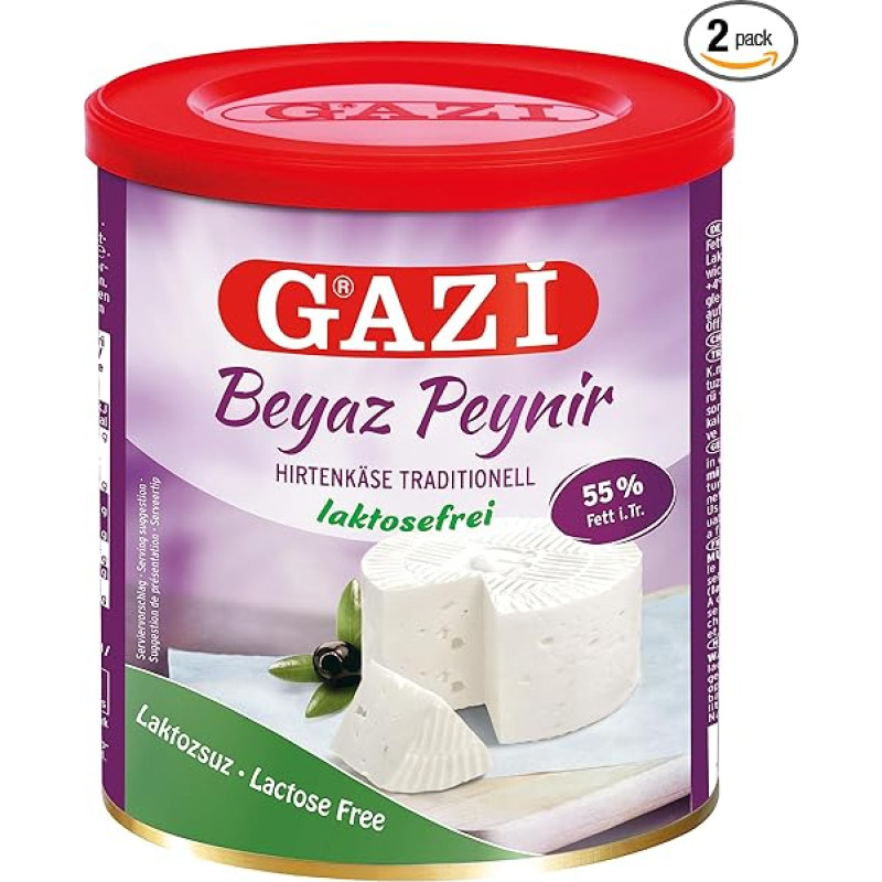 Gazi Shepherd's Cheese Lactose Free - 2 x 500 g Tin - Beyaz Peynir Cream Cheese Free from Lactose with 55% Fat i.T., Made from 100% Cow's Milk, Soft Cheese is Ideal for Salads, Extremely Soft Taste