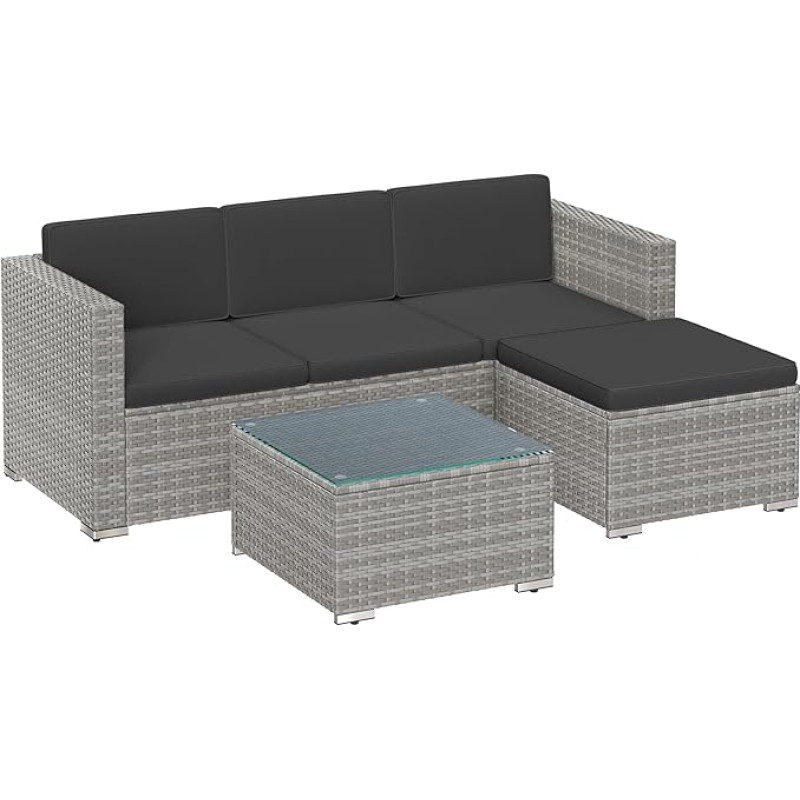 SONGMICS Garden Furniture Set PE Poly Rattan Patio Furniture Corner Sofa Outdoor Handwoven Rattan Lounge Set with Cushions and Glass Table Grey GGF005G05