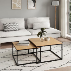 Kavos staliukas 2 kvadratinių medinių svetainės staliukų rinkinys Modernus šoninių staliukų rinkinys 2 in 1 su metaliniu rėmu, skirtas svetainei, biurui, šoniniam staliukui, palėpės dizainui, dviviečiam šviesiam ąžuolui