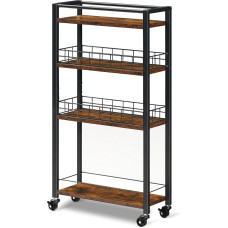 HOOBRO Kitchen Storage Cart with 4 Tiers, Slim Serving Trolley, Recess Shelf on Wheels, Kitchen Cart with Baskets, for Kitchen, Bathroom, Dining Room, Laundry Room, Rustic Brown and Black EBF17TC01