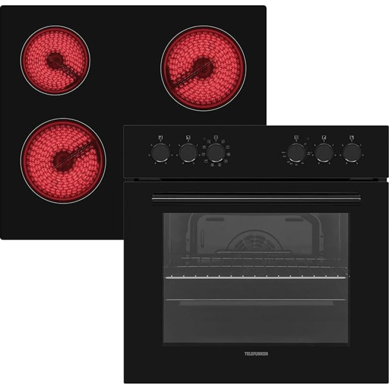Telefunken ECH65A-B2 Built-in Cooker Set, Electric Hob Combination, Oven with Grill and Convection, Frameless Glass Ceramic Hob with 4 Zones, 65 Litres, 60 cm, Stainless Steel