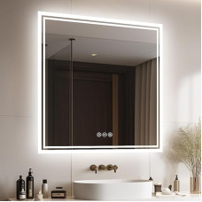 LUVODI Vonios sieninis veidrodis LED vonios veidrodis: 80 x 80 cm daugiafunkcinis vonios veidrodis su apšvietimu, reguliuojamu apšvietimu, apsauga nuo rūko, reguliuojama atminties funkcija
