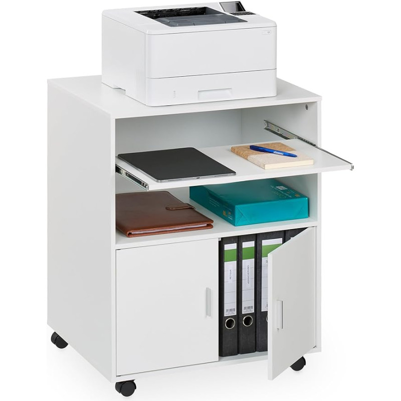 Relaxdays Rolling Container with 2 Compartments & Keyboard Drawer, Printer Table with Wheels, HBT: 74 x 60 x 48 cm, Office Cabinet, White