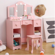 OPULENTHOME Dressing Table for Girls with 3-Way Mirror, LED Light & Stool - 2-in-1 Wooden Dressing Table in Princess Style - Children's Play Set with Drawer