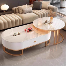 Modernus ovalus akmeninis kavos staliukas, 2 vnt., staliukai su plieniniu rėmu svetainei ir miegamajam, apvalus dizainas, dydis: 70 x 45 cm + 100 x 50 x 38 cm, stilingas ir funkcionalus