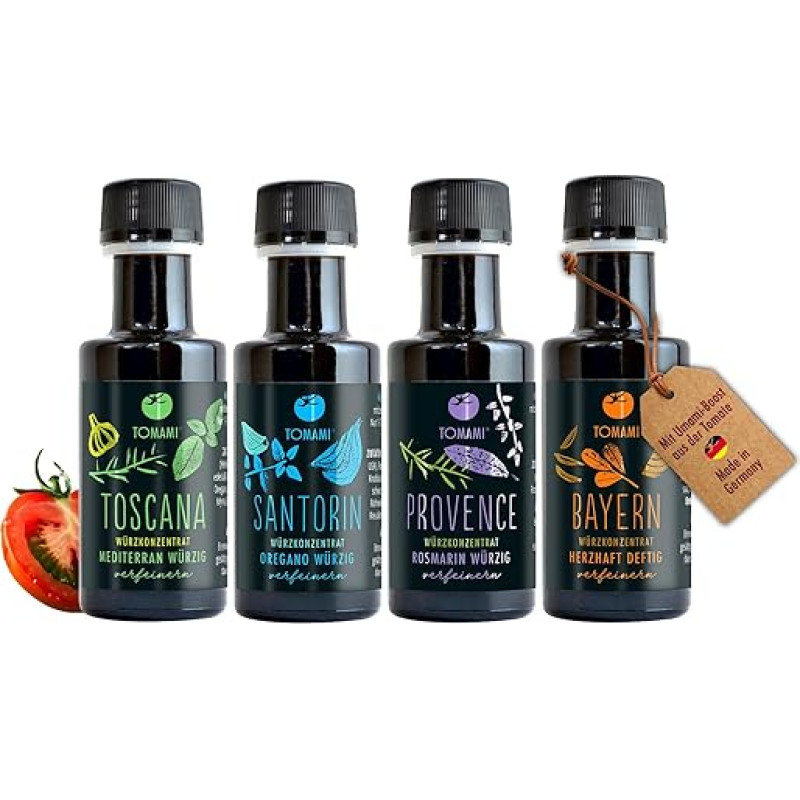 Tomami Spice Sauce Gourmet Set European Travel - Gift Box 4 x 45 ml - Culinary Spicy - Exquisite Spices & Umami Flavour - Savoury & Mediterranean Food - Vegan, Gluten Free, Lactose Free, Soy Free