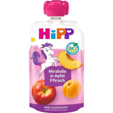 HiPP Organic Squeeze Mirabelle in Apple Peach - Ellis Unicorn (8 x 100 g), from 1 Year, 100% Fruit Puree, No Added Sugar, Vegan, in Best Organic Quality