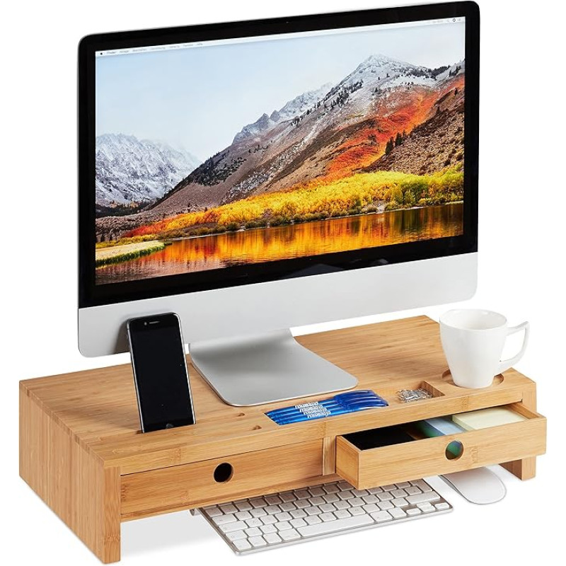 Relaxdays Bamboo Monitor Stand, Screen Riser with 2 Drawers & Shelves, Desk, HBT 12 x 56 x 27 cm, Natural