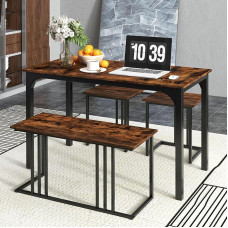 GIANTEX Dining Table with Bench & 2 Stools, Kitchen Table, Bar Table with Chairs, Industrial Dining Set, Made of Wood & Metal, Vintage Dining Room Group Seating Set, Dining Room Table Set for 4 People
