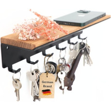 Astrein® Raktų laikiklis su 6 kabliukais Medinis raktų laikiklis Ąžuolinis raktų laikiklis Sieninis raktų organizatorius Raktų spintelė Raktų laikiklis su lentynėle Raktų saugykla Metalinė juoda 30 x 8 x 8 cm