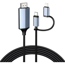 Lightning & Type C to HDMI Cable 2 m, HDMI Cable for iPhone, Dual Interface for All iPhones (16/15/14/13) & iPad Pro/Air/Mini (Not for Laptops/Android Phones)