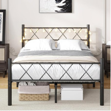 HOJINLINERO Bed Frame 120 x 200 cm with Lighting, Bed 120 x 200 cm with Slatted Frame, Metal Bed Frame, Double Bed, Guest Bed, Youth Bed with Storage Space under the Bed for Bedroom, Black