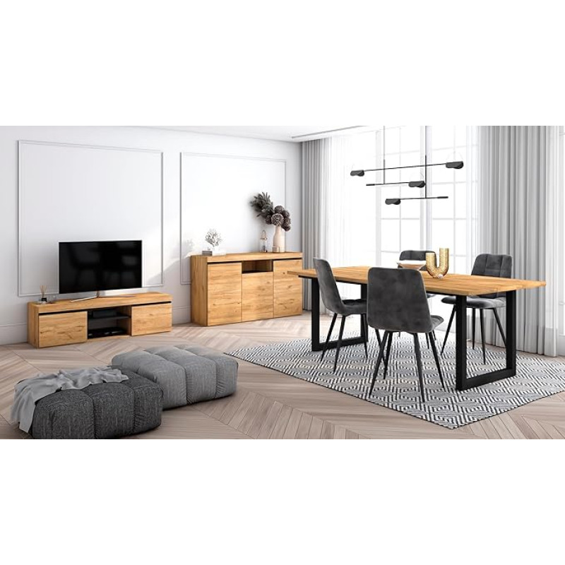 Skraut Home - Svetainės baldų komplektas | Stalas 200 U formos kojos 10 žmonių | Žemoji lenta 140 | Spintelė 140 | Ąžuolo ir juodos spalvos | Industrinis stilius
