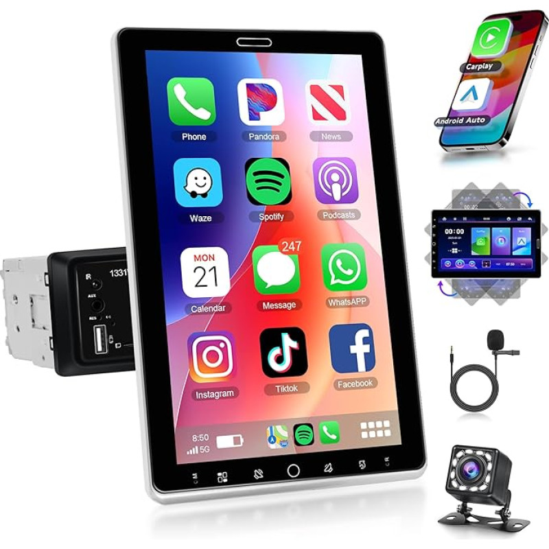 Rimoody Wireless Carplay Autoradio 1 Din mit Wireless Android Auto 10.1 Zoll Drehbarer Touchscreen Autoradio mit Mirror Link Bluetooth AM/FM/RDS Radio USB/EQ/AUX/MIC Lenkradsteuerung Rückfahrkamera
