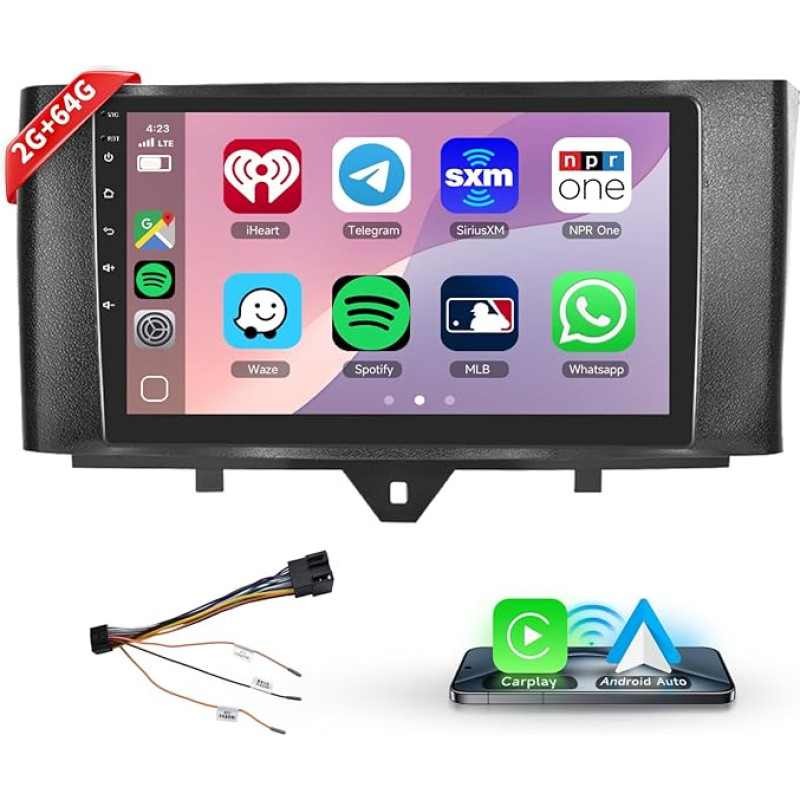 Podofo Carplay Car Radio for Mercedes-Benz Smart 2011-2015, 9 Inch Touchscreen 2G+64G with Wireless Carplay Android Car, Bluetooth/GPS/WiFi/FM/RDS/SWC/HiFi/USB
