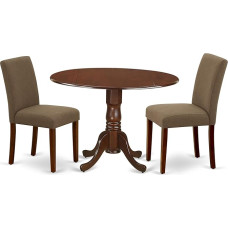 3-teiliger runder Esszimmertisch mit zwei 22,9 cm langen Blättern und 2 Parson-Stuhlen mit Mahagoni-Beinen und Leinenstoff, Kaffeebraun