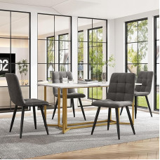 KUAKE valgomojo komplektas (5 dalių komplektas), valgomojo stalas su 4 aksominių valgomojo kėdžių komplektu, modernus virtuvės stalo komplektas, 140 x 80 cm virtuvės stalas su aukso spalvos metalinėmis kojomis, baltas MDF stalviršis (tamsiai pilka B)