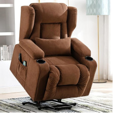 COMHOMA Elektrinis krėslas su atlošu Gyvenamasis kambarys Masažinis TV pakreipimo vibracinis šildymas Reguliuojamas atlošas su kojų atrama ir puodelio laikikliu, rudos spalvos