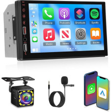 2 DIN Car Radio with Wireless Carplay & Android Car, 7 Inch IPS Touchscreen Car Radio with Mirror Link, EQ, Bluetooth, FM Radio, AUX/USB Port, SWC + Reversing Camera + Microphone