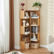 Eckregal Stehend mit 6 Ebenen Standregal Holz Eck Bücherregal L-Förmiges Lagerregal Corner Shelf, Modernes Eckvitrine Eckschrank Offener Blumenregal für Wohnzimmer Schlafzimmr Arbeitszimmere