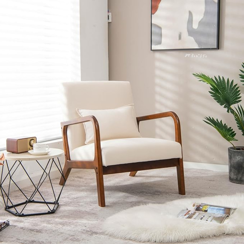 GORELAX Vidurio amžiaus modernaus akcento kėdė, minkšta poilsio kėdė su mediniu rėmu ir juosmens pagalvėle, patogi skaitymo kėdė svetainei, miegamajam, biurui (1, smėlio spalvos)