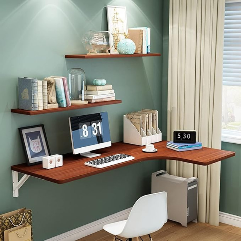 Gardeneea An der Wand montierter Eckschreibtisch, klappbarer Computertisch, klappbarer schwebender Schreibtisch für kleine Räume (Walnuss rechts)