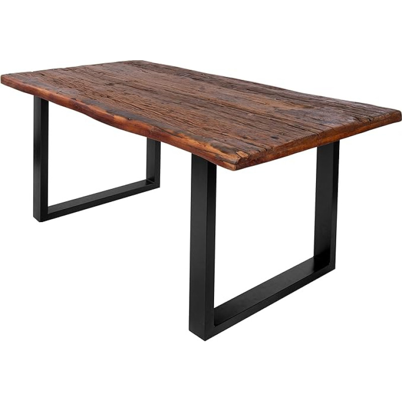 SAM Ramon valgomojo stalas, 180 x 90 cm, perdirbta regeneruota mediena, masyvus valgomojo stalas su grublėtos medienos stalviršiu, 50 mm (25 + 25 išlankstytas), medinis stalas su U formos metaliniu rėmu, juodas