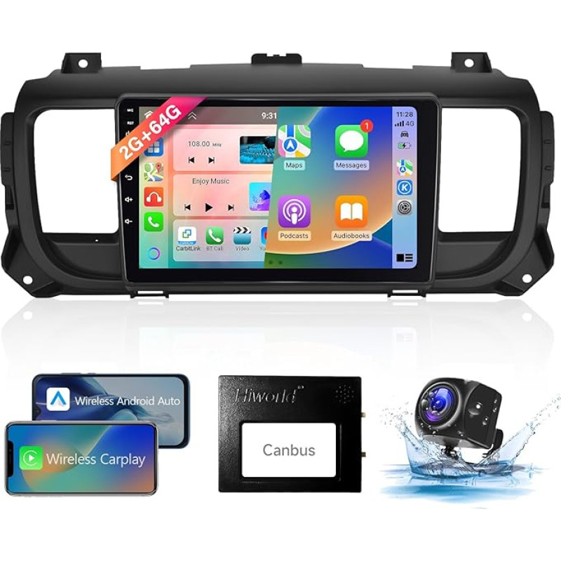 8 Core 2 + 64G: Hodozzy Carplay Car Radio for Citroen Jumpy 3/Peugeot Expert/Toyota Proace, 9 Inch Touchscreen Android Car Radio with Android Car/WiFi/GPS/RDS/FM/Bluetooth/USB + Reversing Camera