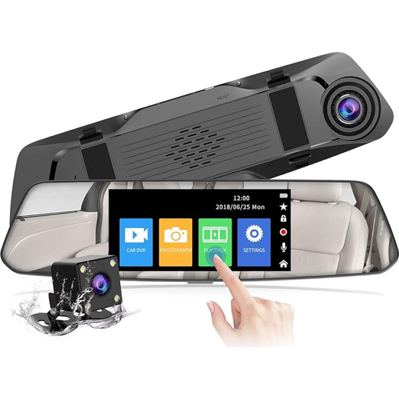 CHORTAU Mirror Dash Cam, 4.8 Inch Full HD 1080p Touchscreen, Wide Angle Front Camera and Waterproof Rear View Camera, Car Camera with Emergency Call Recording, Reverse Monitor System