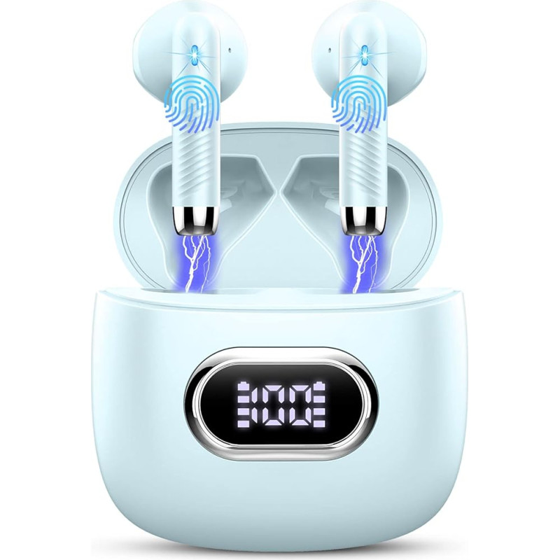 Wireless Bluetooth 5.3 In-Ear Headphones with 4 HD Mics, 42 Hours, 2024, ENC Noise Cancelling Earbuds, Deep Bass, IP7 Waterproof, LED Display, Cyan