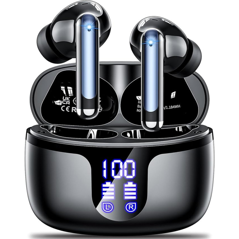 Bluetooth Headphones, Wireless Bluetooth 5.3 In-Ear Headphones with 4 HD Microphones, 2024 ENC Noise Cancelling Earphones, 42H Playtime with LED Display, HiFi Stereo, IP7 Waterproof Headphones for