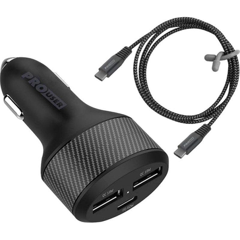 Pro User 3-Way USB Car Charger 84 W Set: Car Charger with USB-C Power Delivery 60 W and 2 x USB Fast Charging QC 3.0 + USB C Cable 100 cm for Cars/Trucks/Motorhomes, Charges Mobile Phone, Tablet,