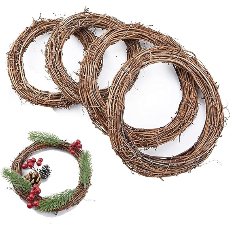 TogtherKings Pack of 4 Christmas Craft Wreath, Blank Wreath, Grapevine Wreaths, Vine Wreath, Door Wreath, for Christmas, Door Wreath, Wooden Decoration, Ornament, Gate, Wall, Party, Wedding (20, 25,