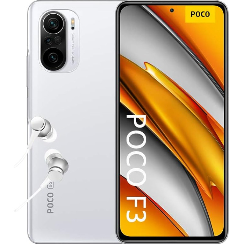 Poco F3 5G Smartphone without Contract + Headphones (16.94 cm (6.67 Inch) AMOLED Display 120Hz, 8GB + 256GB Memory, 48MP Quad Rear Camera, 20MP Front Camera, Dual SIM, Android 11) White [Exclusive to Amazon]