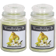 Woodbridge Scented Candle in Glass with Lid, Set of 2 English Pear & Freesia, Scented Candle Fruity, Candles Long Burning Time (130 H), Large Scented Candle, Green Candles (565 g)