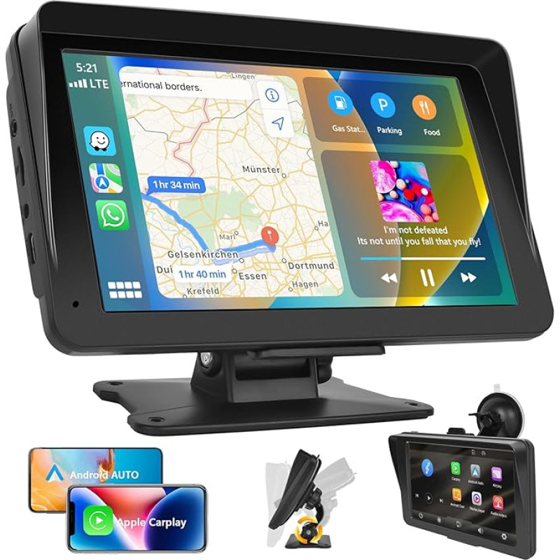 Podofo Wireless Apple Carplay & Android Car, 7 Inch Portable Car Radio with IPS Touch Screen, Bluetooth Hands-Free Function, Mirror Connection, GPS Navigation/FM/TF/USB/AUX/Siri/Goog-le/Airplay