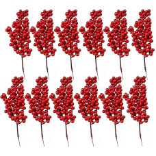 XNX Red Berry Branch Stems, 12 Pieces Artificial Red Berry Picks for Autumn Decoration, Christmas Tree Decorations, Crafts, Wedding, Holiday, Home Decoration(Red)