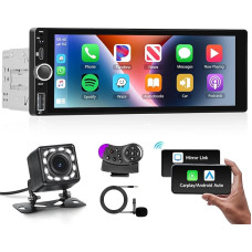 Hodozzy 1 DIN Car Radio with Wireless CarPlay/Android Car, Stereo Bluetooth Handsfree Kit 1 DIN Screen 6.86 Inch IPS Touchscreen MirrorLink FM/EQ/AUX/USB/SWC/Type-C MP5 with Camera