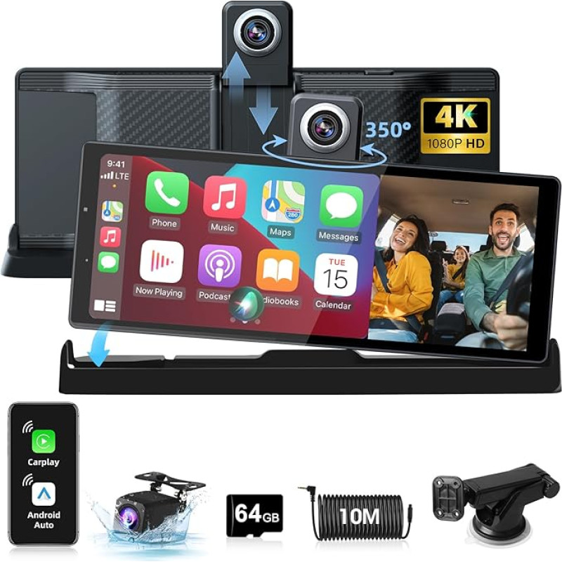 Exclusive Mount: Carplay Display Android Car Display with 350° Rotatable 4K Dashcam, 10.26 Inch Portable Driveplay Car Radio Carplay Dual Bluetooth Driving Navigation Siri G-oogle