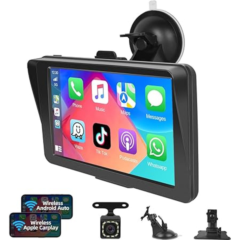 Podofo Wireless Carplay & Android Car Portable Car Radio 7 Inch IPS CarPlay Display Radio with AirPlay, Bluetooth Hands-Free System, Real Time Navigation, Siri and AUX Driveplay + Reversing Camera