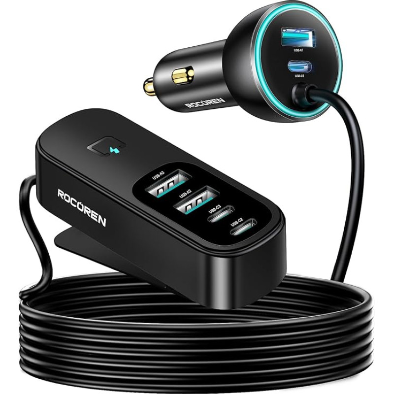 Rocoren Car Charger 105 W, PD3.0 QC3.0 6-Port Car Charger USB C Quick Charge with 1.5 m Cable for 12 V-24 V Socket, Compatible with iPhone 16/15/iPad Pro/Galaxy S24/Huawei/MacBook Air