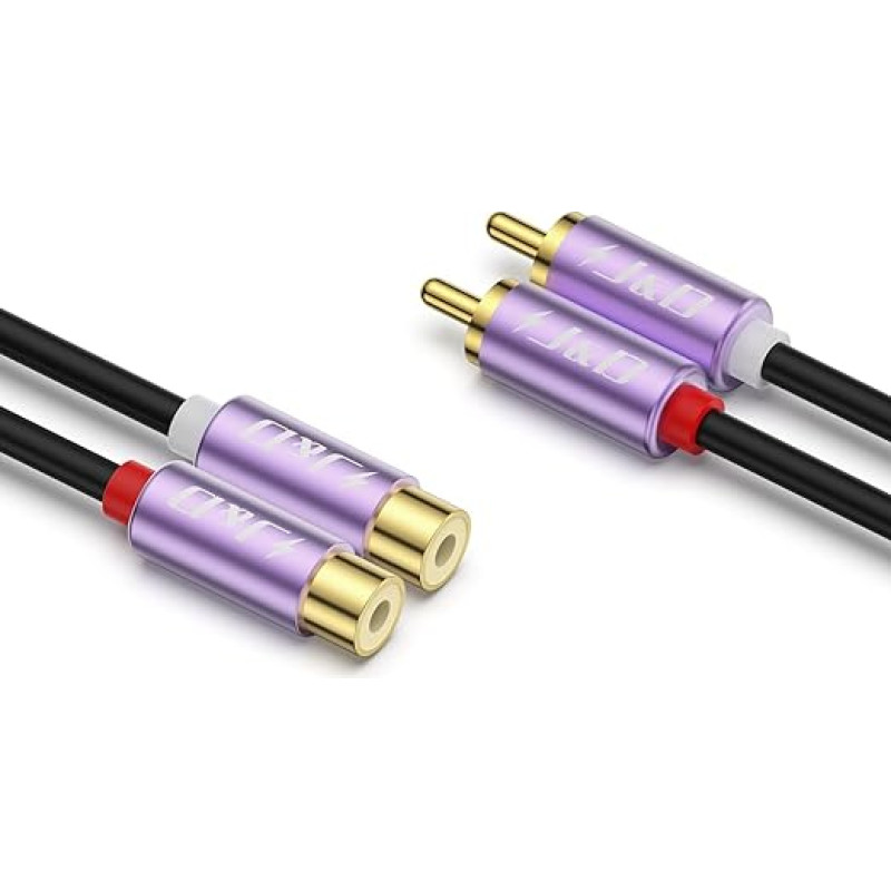 J&D RCA Cable, Gold Plated 2 RCA Male to Female Extension Cable, Purple Case, Heavy Duty 2 RCA Stereo Audio Extension Cable, 7.6M