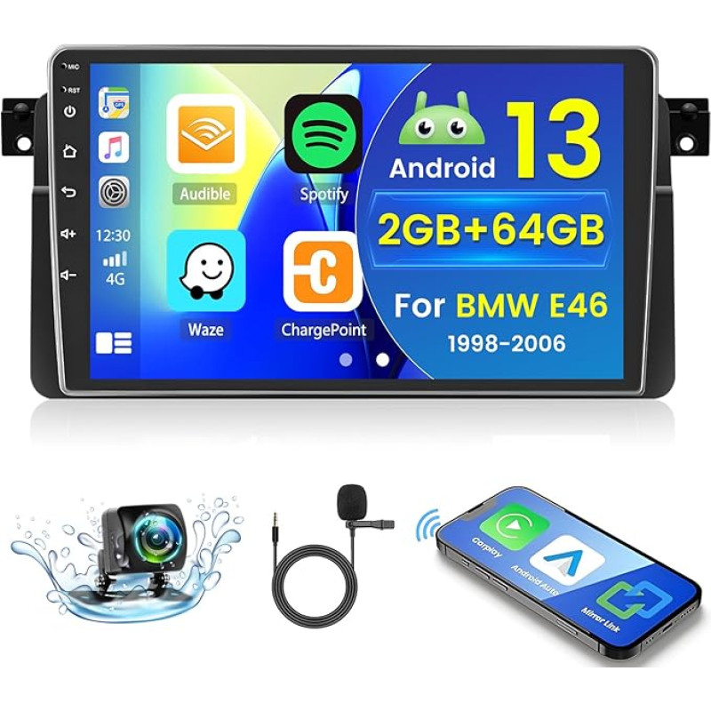 2+64GB Android 13 Car Radio for BMW E46 1998-2006 Radio Wireless Carplay Android Car, 9 Inch IPS Touch Screen Radio with Reversing Camera, Bluetooth, Navi, WiFi, DSP, EQ, Mirror Link